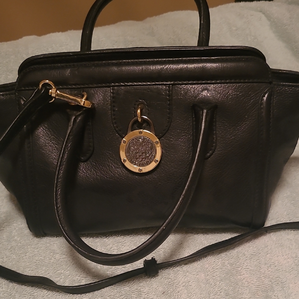 Vince Camuto Black Leather Satchel with Gold Accents